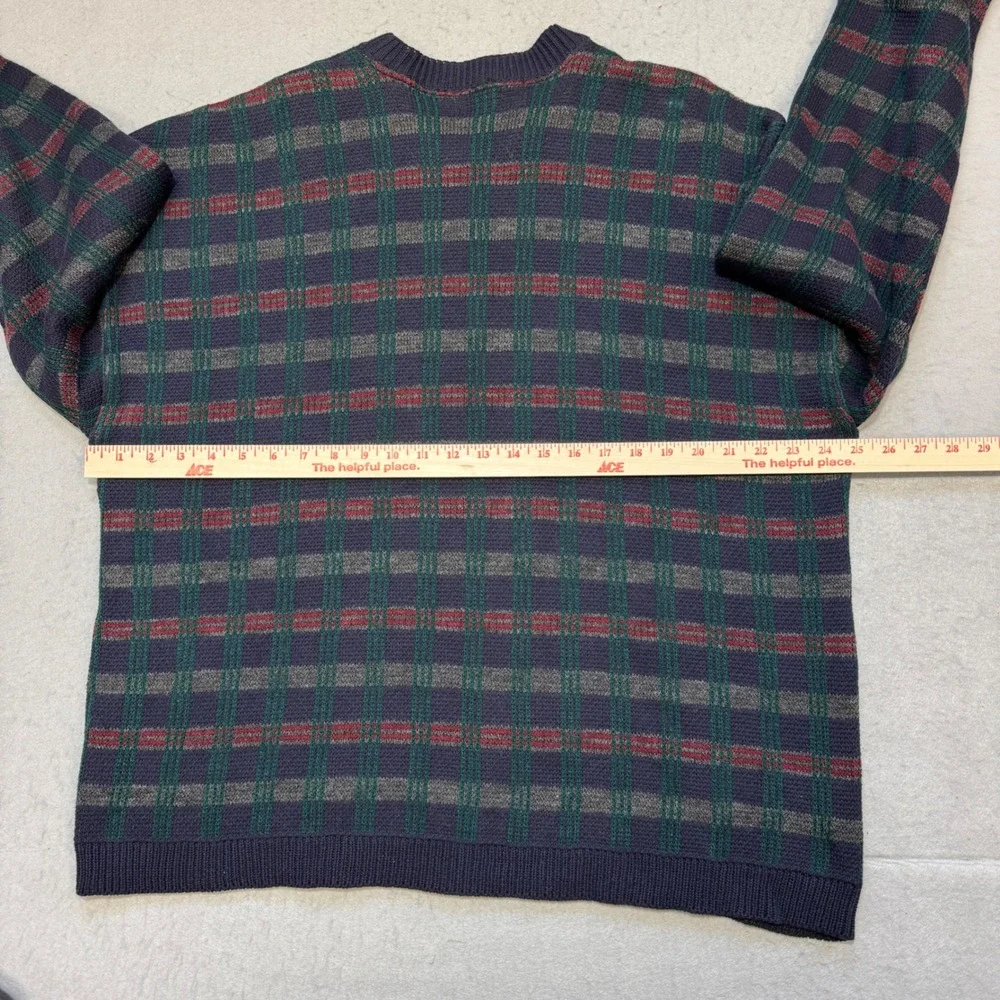 VTG 90s‎ Arcadia Sweater Mens L Blue Red Green Plaid Knit Made in USA Crewneck